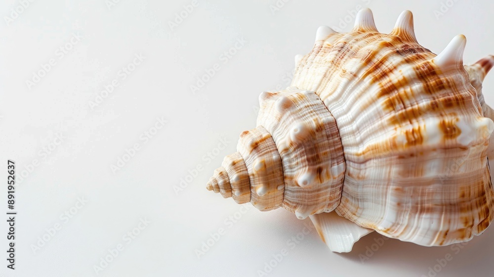 Close up of seashell on white background with space for text Close up of seashell on white background with space for text