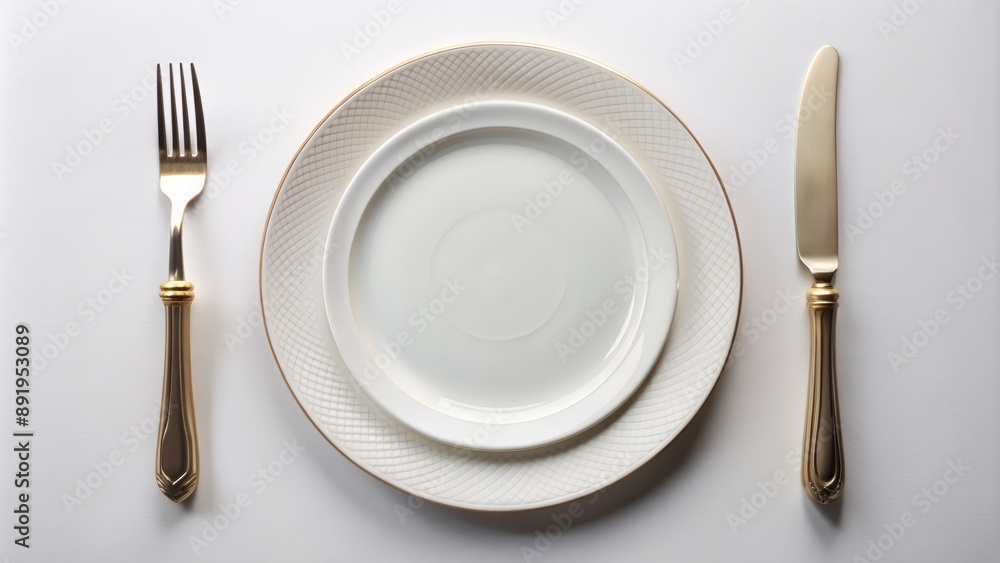 Simple yet elegant white plate with silverware, knife and fork, isolated on a clean white background, conveying sophistication. Simple yet elegant white plate with silverware, knife and fork, isolated on a clean white background, conveying sophistication.