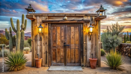 Weathered wooden doors and rusted lanterns adorn the entrance of a vintage southwest bathhouse surrounded by arid desert landscape. photo