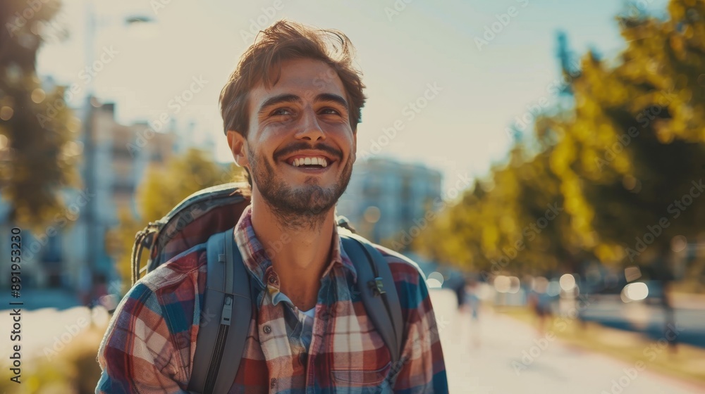 happy male tourist traveler smiling, wearing a backpack and casual clothing, scenic travel destination in europe. blurry nature wallpaper background for ads, web design with copy space happy male tourist traveler smiling, wearing a backpack and casual clothing, scenic travel destination in europe. blurry nature wallpaper background for ads, web design with copy space