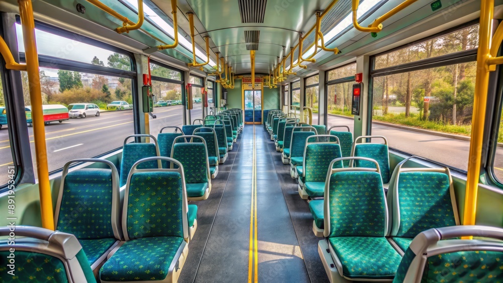 Spare, modern seats line the aisles of a vacant Beijing city bus, bathed in soft natural light, devoid of human activity. Spare, modern seats line the aisles of a vacant Beijing city bus, bathed in soft natural light, devoid of human activity.