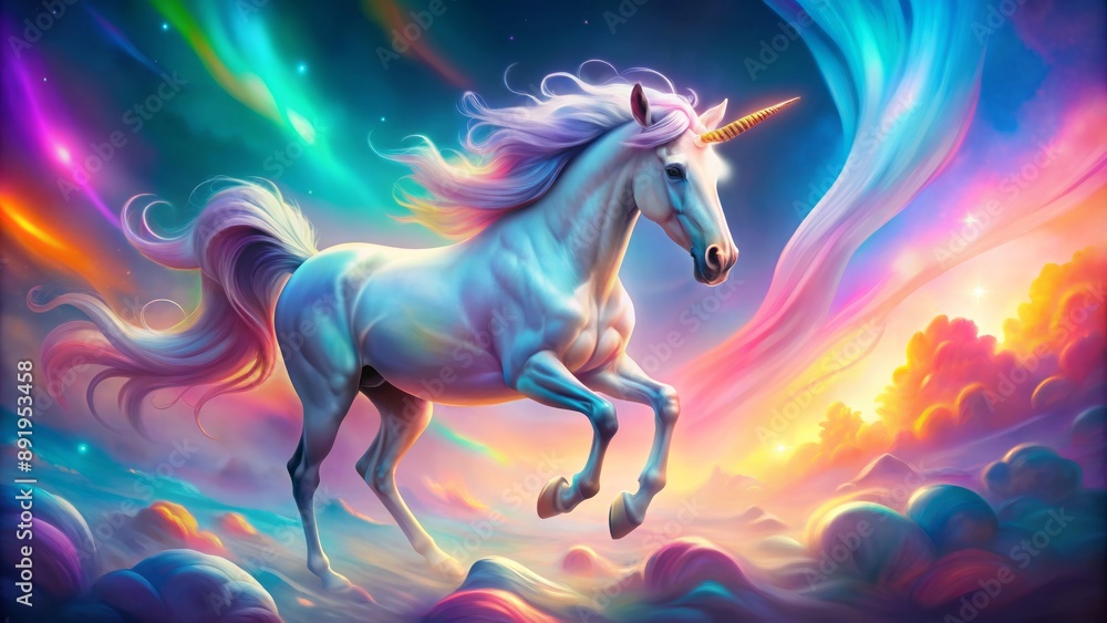 Ethereal holographic unicorn majestically prances amidst vibrant gradient hues on a soft, blurred, dreamy, mesmerizing, fantasy-inspired abstract background. Ethereal holographic unicorn majestically prances amidst vibrant gradient hues on a soft, blurred, dreamy, mesmerizing, fantasy-inspired abstract background.
