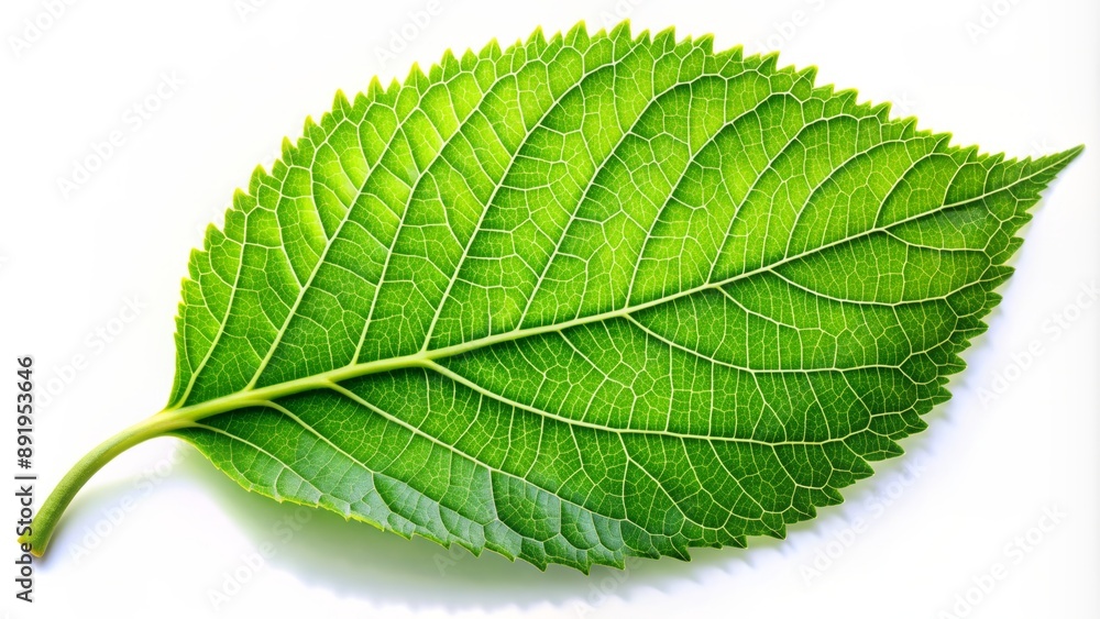 Fototapeta premium Vibrant green leaf with delicate veins and smooth edges rests alone on a pristine white background, evoking serenity and freshness.
