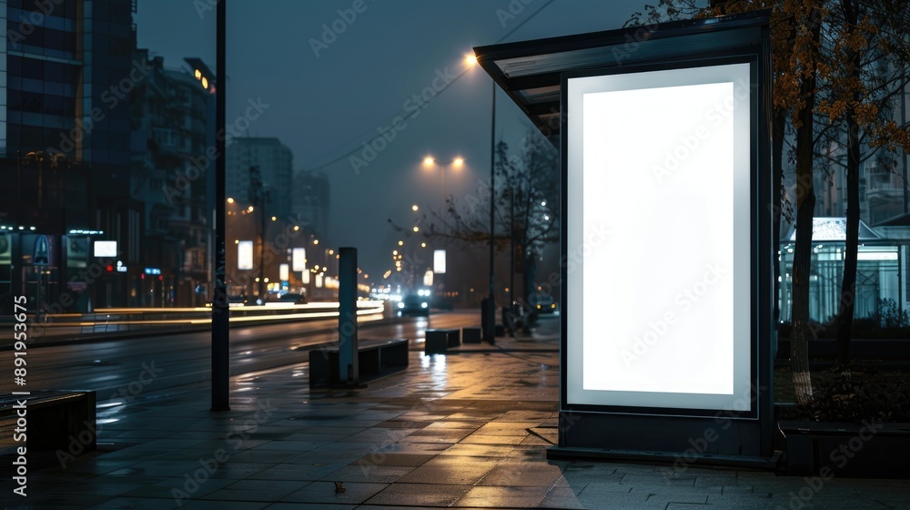 Empty white blank street billboard at night, blank white glowing signboard on roadside in city at night time, Promotional poster mock up Empty white blank street billboard at night, blank white glowing signboard on roadside in city at night time, Promotional poster mock up