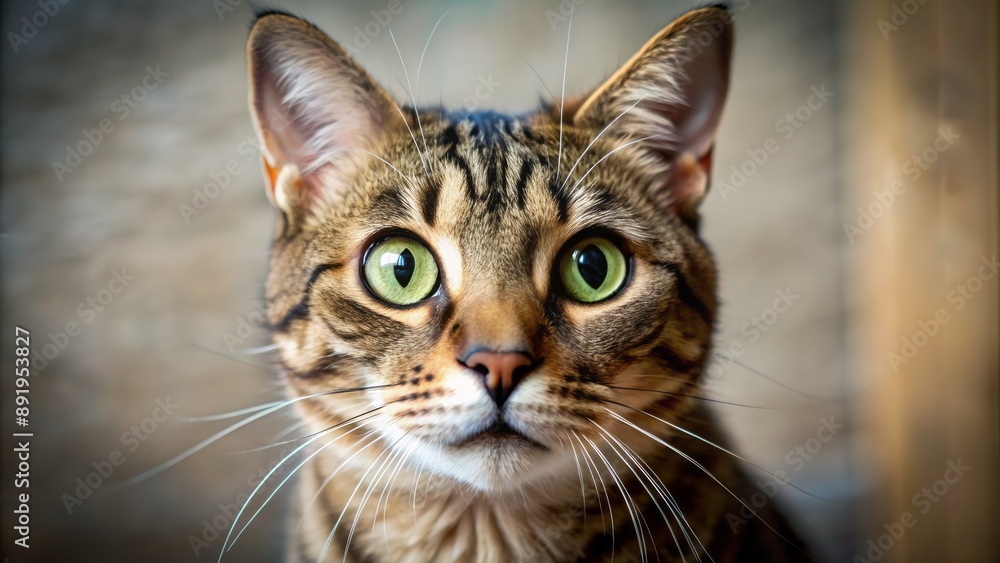 Perplexed tabby cat's wide eyes and tilted head convey utter confusion and uncertainty in a hilarious close-up portrait. Perplexed tabby cat's wide eyes and tilted head convey utter confusion and uncertainty in a hilarious close-up portrait.