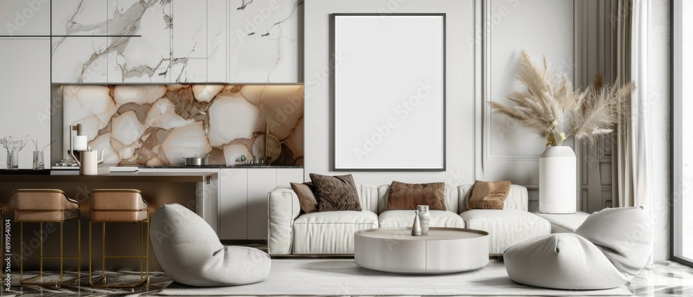 Mockup poster frame on the wall of living room with kitchen and dining room. Luxurious apartment background with contemporary design. Modern interior design