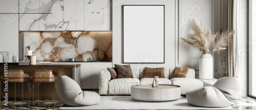 Obraz na płótnie Mockup poster frame on the wall of living room with kitchen and dining room. Luxurious apartment background with contemporary design. Modern interior design w salonie