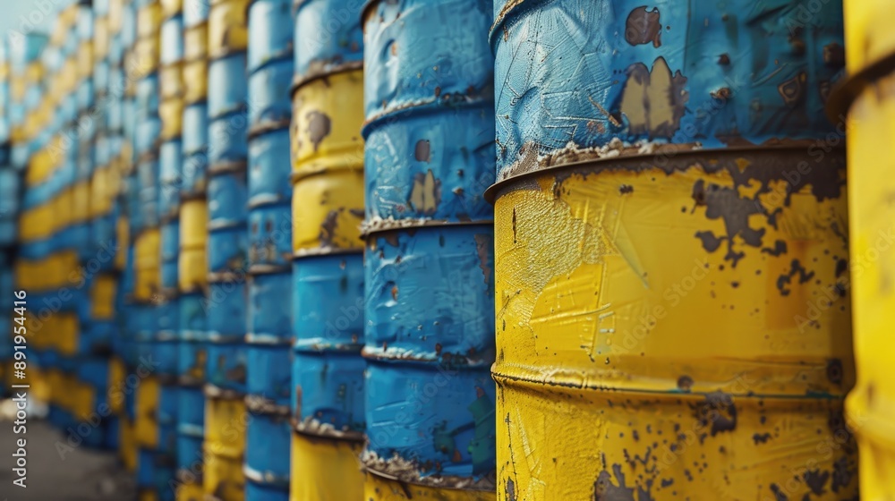 Stacked yellow and blue 200 liter chemical barrels in a side perspective view