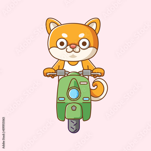 Cute shiba inu dog riding scooter animal kawaii chibi character mascot illustration outline