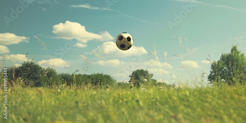 Bola de futebol no ar em campo de grama verde photo