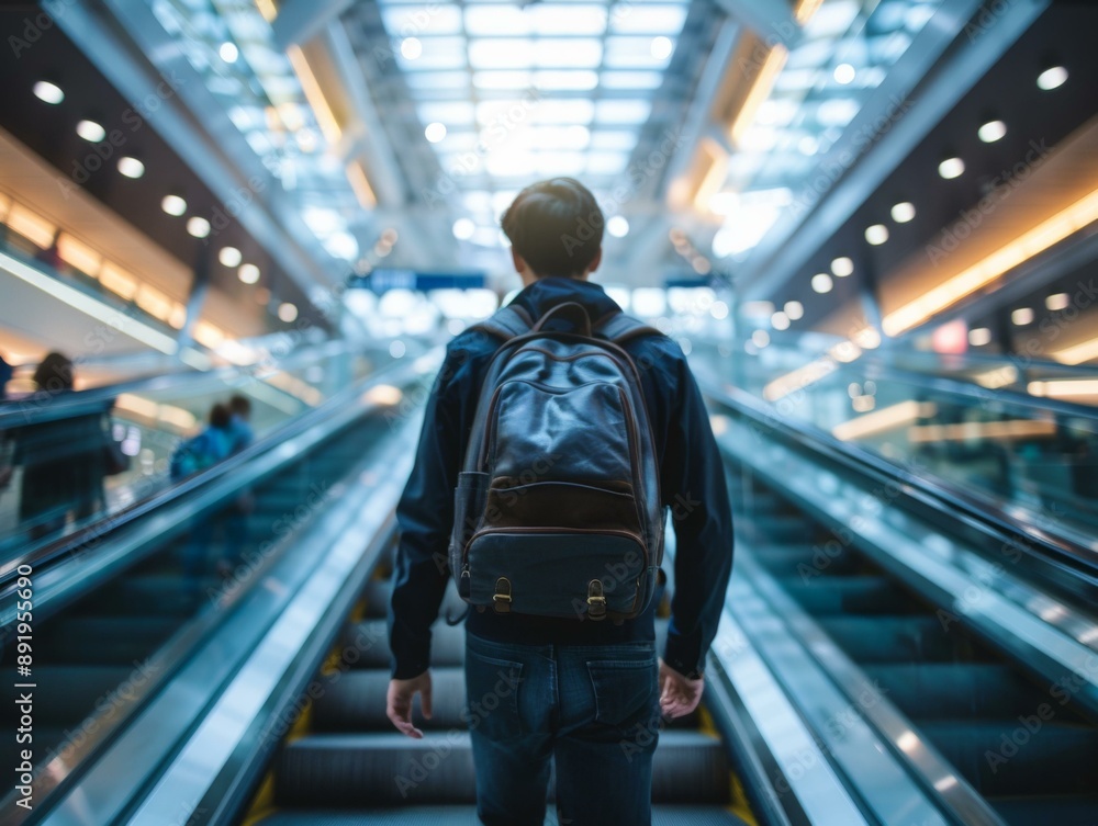 A man with backpack on escalator at a mall. AI. A man with backpack on escalator at a mall. AI.