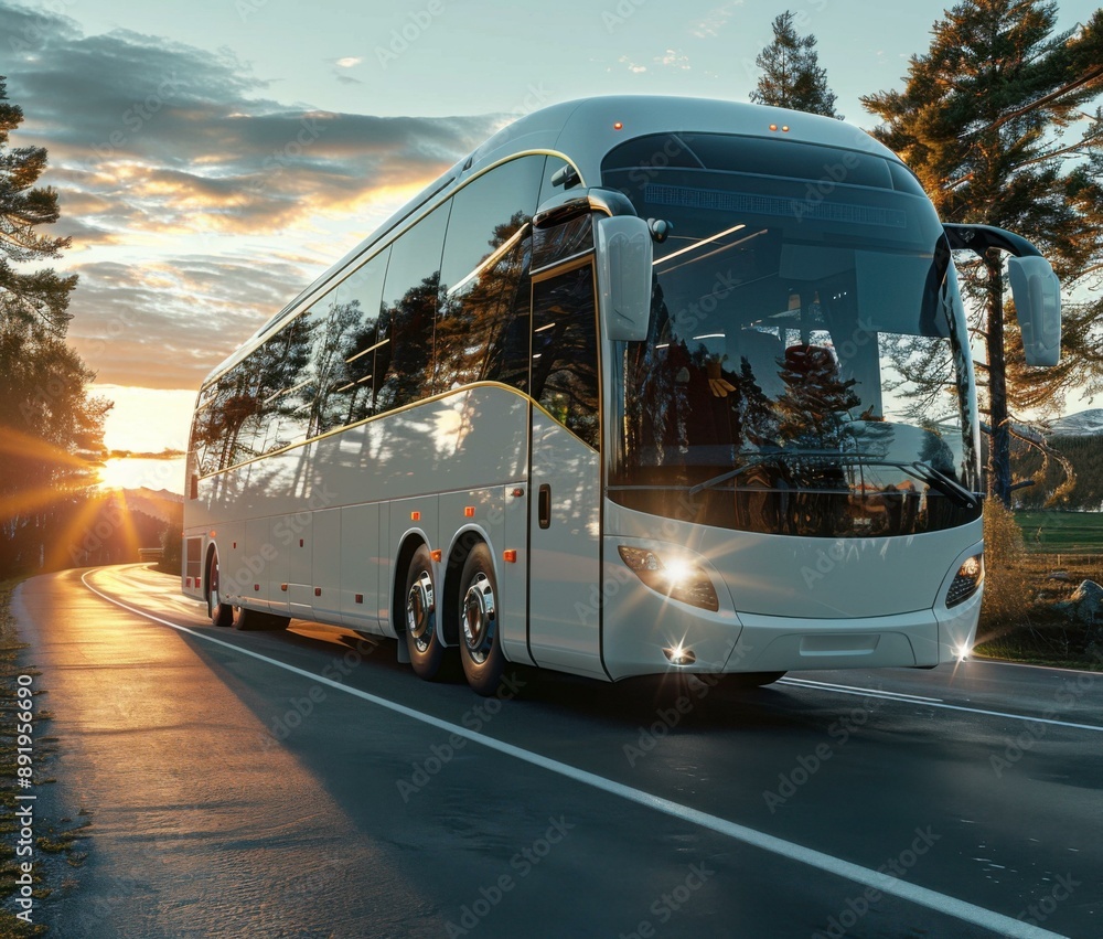 Obraz premium A white bus drives along a winding road through a beautiful landscape. AI.