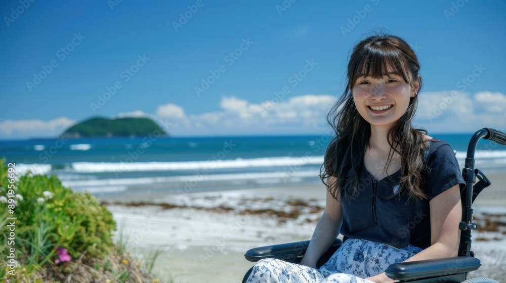 Young woman in a wheelchair enjoying the view of the ocean. AI. Young woman in a wheelchair enjoying the view of the ocean. AI.