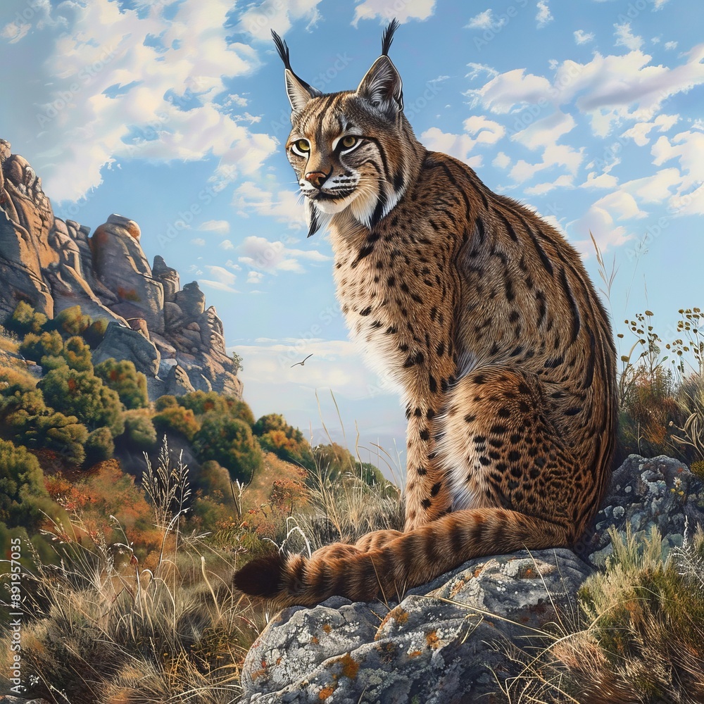 Fototapeta premium Digital illustration of a majestic lynx perched on a rock in its natural habitat amidst a rugged landscape, showcasing beauty, strength, and the wild essence of nature.