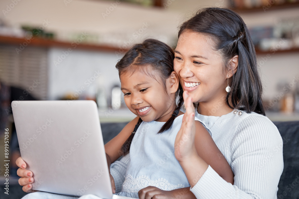 Mom, girl and home with tablet for video call on sofa with smile for communication and networking. People, parent and kid with happiness or waving for greeting in living room with bonding and fun Mom, girl and home with tablet for video call on sofa with smile for communication and networking. People, parent and kid with happiness or waving for greeting in living room with bonding and fun