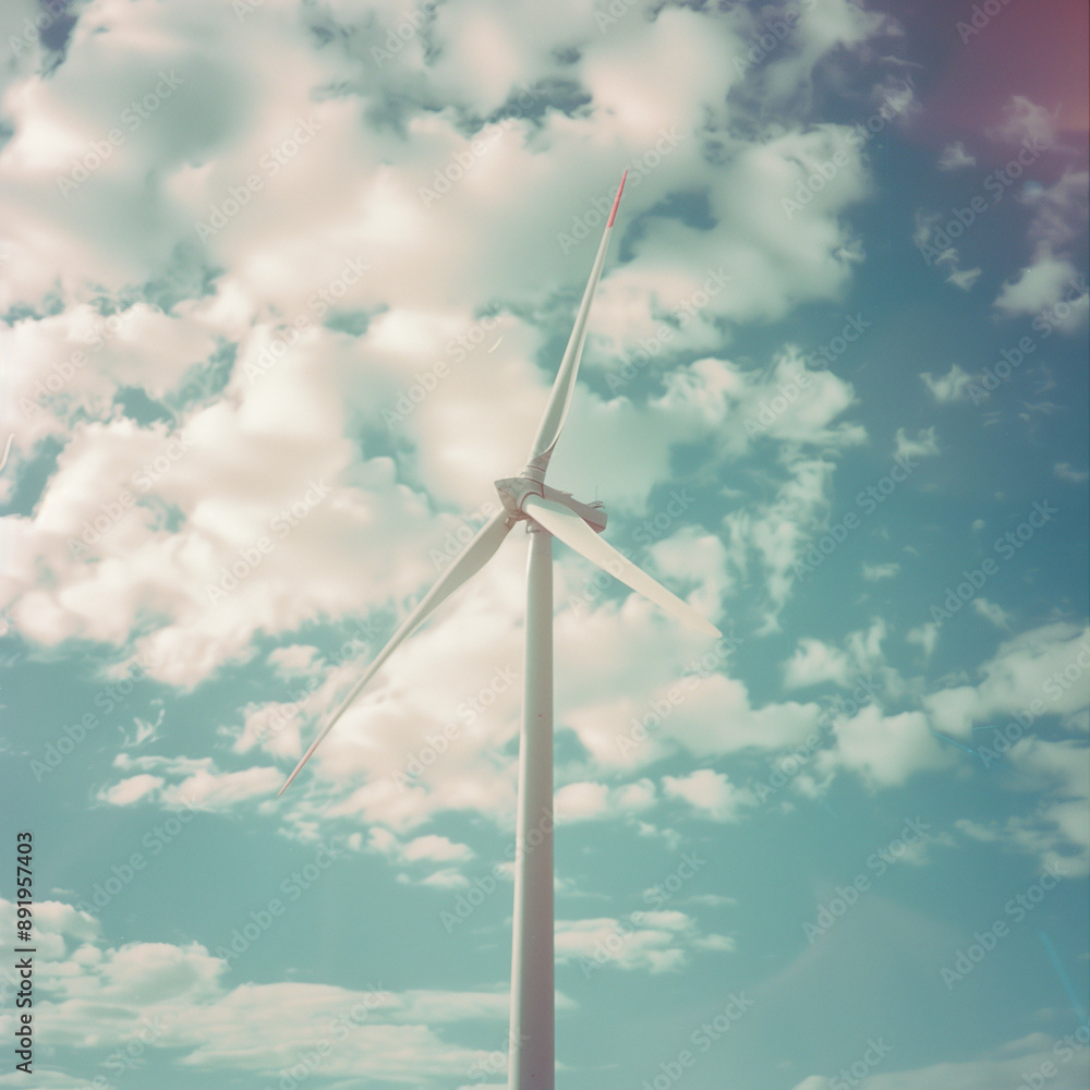 A wind turbine against the sky with clouds in muted pastel tones with low contrast.Minimal creative environment concept. A wind turbine against the sky with clouds in muted pastel tones with low contrast.Minimal creative environment concept.