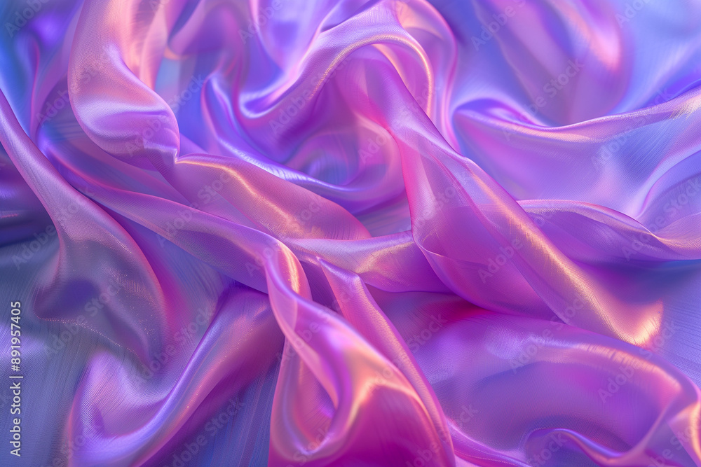 A flat lay of a purple and pink iridescent fabric, with a soft glow highlighting the texture and sheen. The background is a solid color to make it stand out more. A flat lay of a purple and pink iridescent fabric, with a soft glow highlighting the texture and sheen. The background is a solid color to make it stand out more.