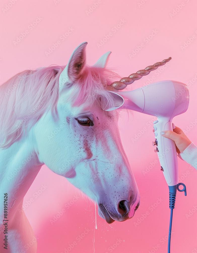 Hair dryer styling unicorn mane, pink backdrop, haircare products, iridescent blue accents, product photography. Hair dryer styling unicorn mane, pink backdrop, haircare products, iridescent blue accents, product photography.