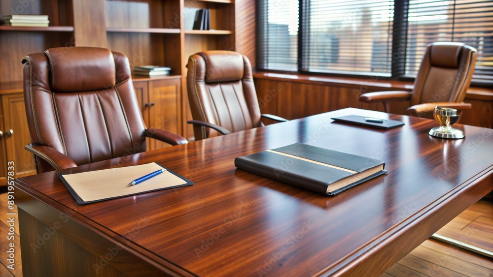 Polished wooden desk with scattered papers and pens, two empty chairs, and a confidently closed businessman's folder in center. Polished wooden desk with scattered papers and pens, two empty chairs, and a confidently closed businessman's folder in center.