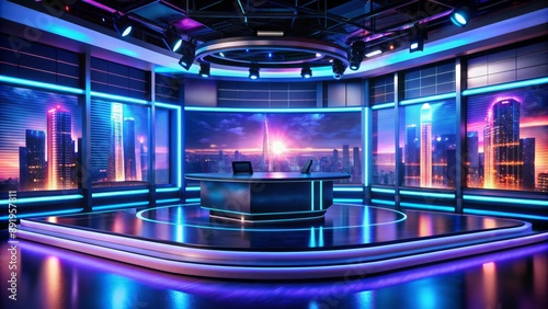 Modern sleek virtual studio background for night talk shows and live online broadcasting events with futuristic neon lights and dark tones.