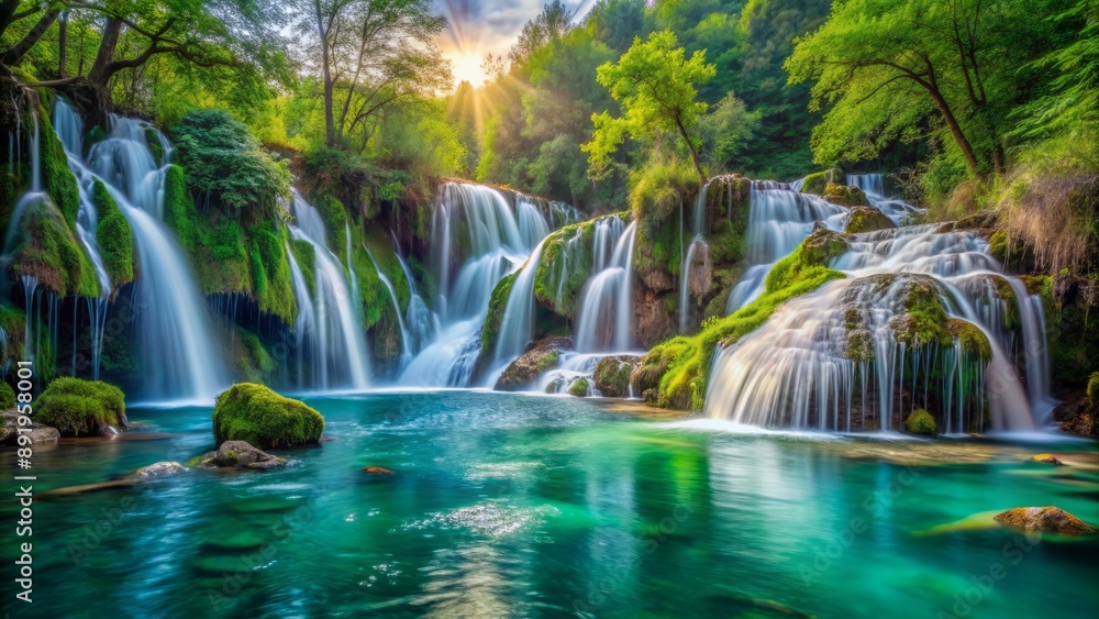 Serene Croatian forest scene featuring a majestic cascading waterfall flowing into turquoise water surrounded by lush greenery and mossy rocks. Serene Croatian forest scene featuring a majestic cascading waterfall flowing into turquoise water surrounded by lush greenery and mossy rocks.