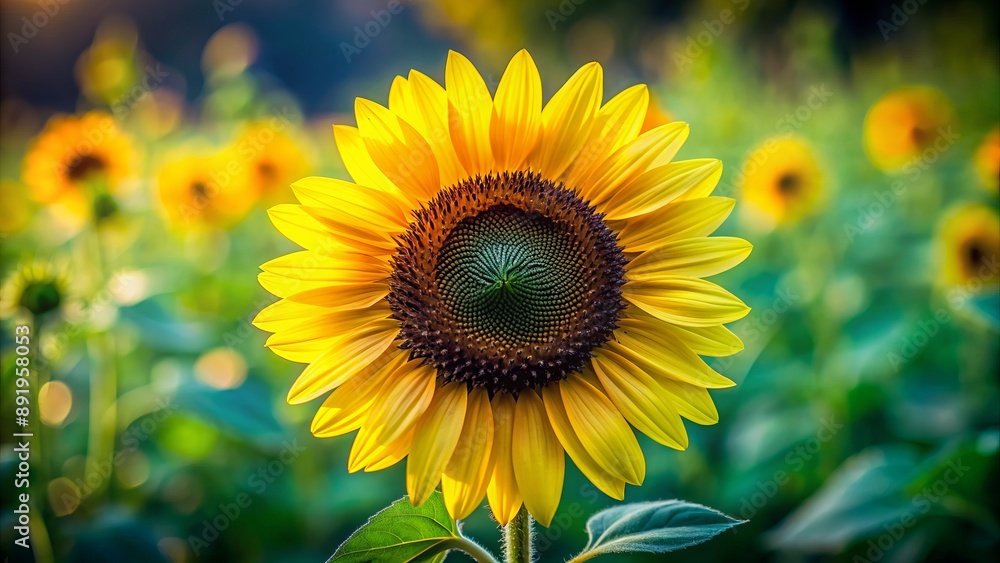Fototapeta premium Vibrant yellow petals and dark center of sunflower bloom in sharp focus against soft, blurred background of lush green natural scenery.