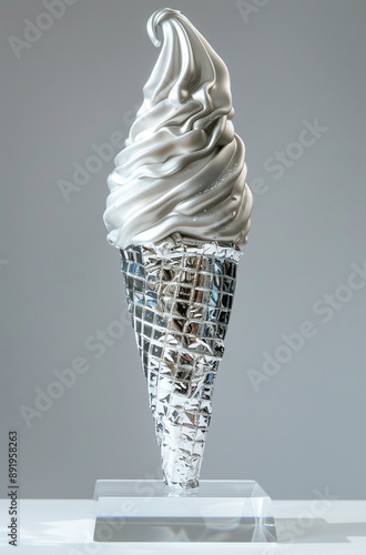 A small ice cream cone wrapped in silver foil, on an acrylic stand, against a white background. photo