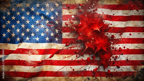Vibrant stars and stripes covered in crimson splatters, torn and crumpled, symbolizing nation's turmoil and patriotic disillusionment.
