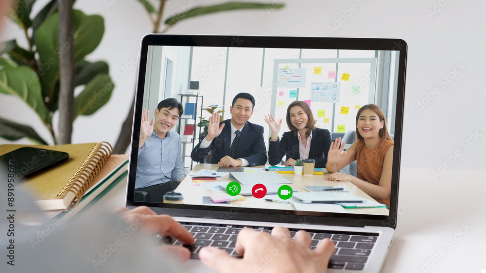 Video conference, Work from home, Asian man making video call to business team with virtual web, Coworker talking on web, Online consultation business Video conference, Work from home, Asian man making video call to business team with virtual web, Coworker talking on web, Online consultation business