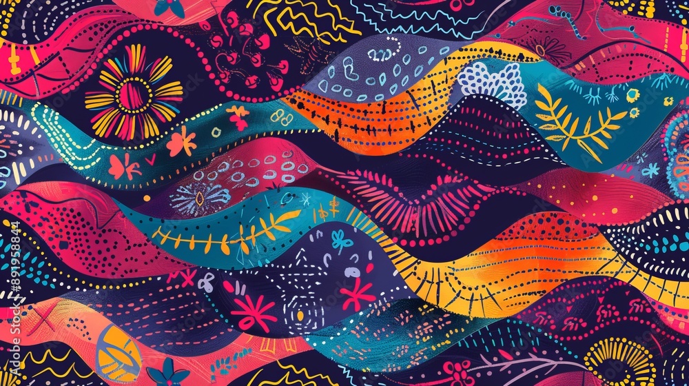 An abstract design bursting with vibrant colors and featuring a wave pattern of floral and various decorative elements, blending together to form an eye-catching visual experience. An abstract design bursting with vibrant colors and featuring a wave pattern of floral and various decorative elements, blending together to form an eye-catching visual experience.