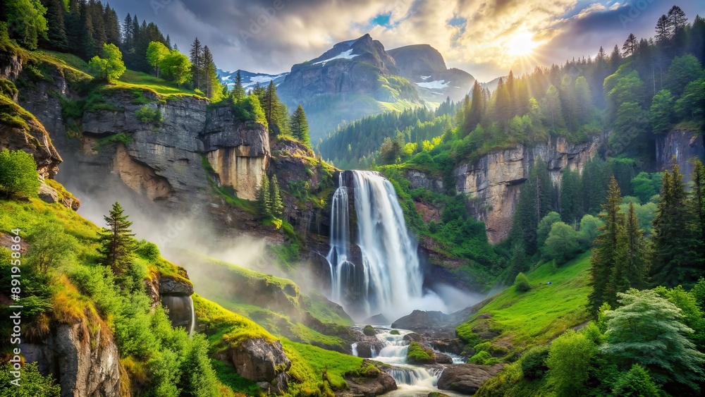 Fototapeta premium Serene mountain landscape featuring majestic waterfall cascading down rugged rocky cliff surrounded by lush green vegetation and misty atmosphere.
