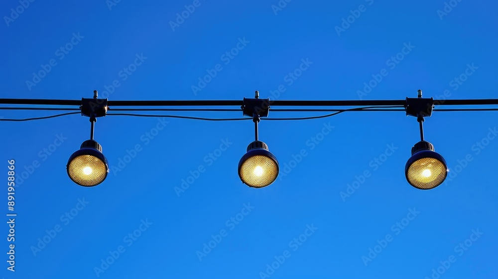 Spotlights suspended on a dark wire against blue sky with space for text Focused and object selected Spotlights suspended on a dark wire against blue sky with space for text Focused and object selected