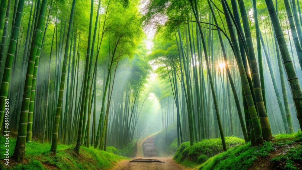 Serene and peaceful bamboo forest with vibrant green hues and misty atmosphere creates a stunning natural background scenery. Serene and peaceful bamboo forest with vibrant green hues and misty atmosphere creates a stunning natural background scenery.