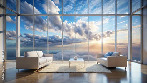 Serene and minimalist room with sparse furniture, large window, and breathtaking sky with fluffy white clouds and blue horizon.