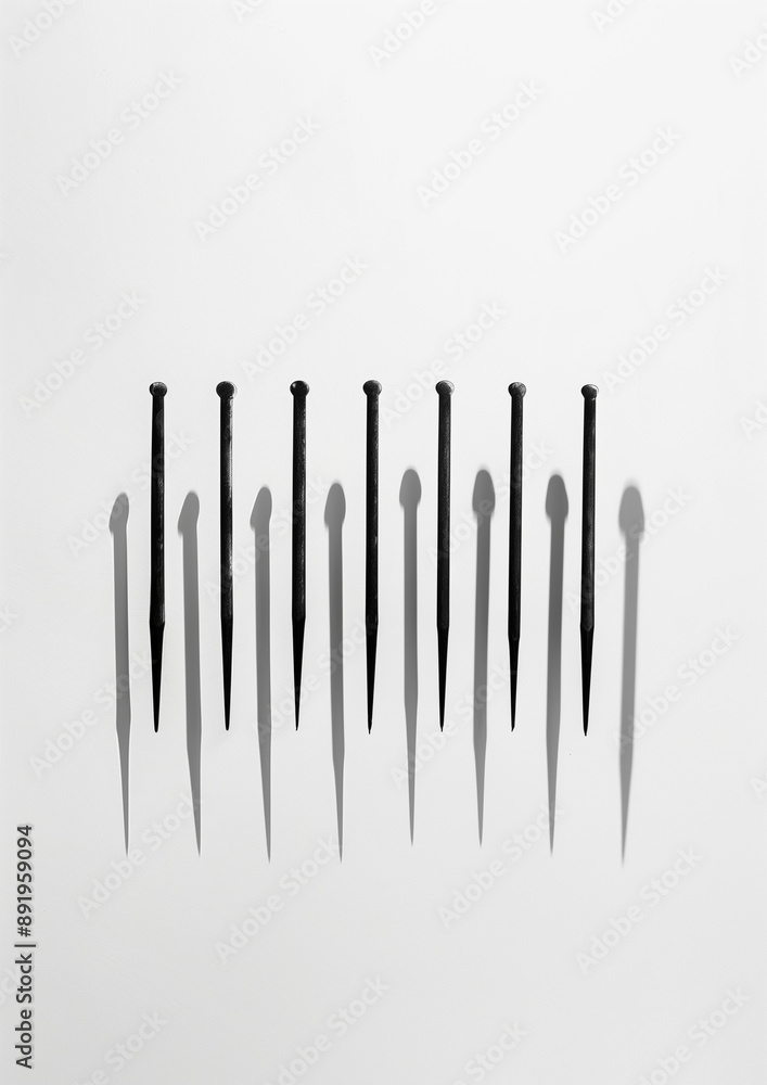The series of long shadows cast on the white wall depict small black metal nails arranged in two neat rows, forming a striking line across the canvas. The series of long shadows cast on the white wall depict small black metal nails arranged in two neat rows, forming a striking line across the canvas.