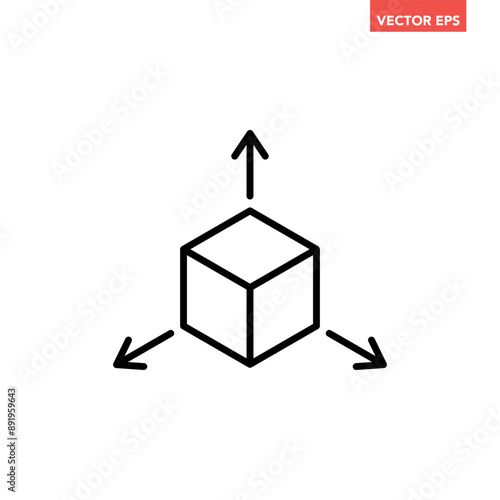 Black single isometric cube with axes line icon, simple tridimensional coordinate Spaces flat design pictogram vector for app ads web banner ui ux interface element isolated on white background