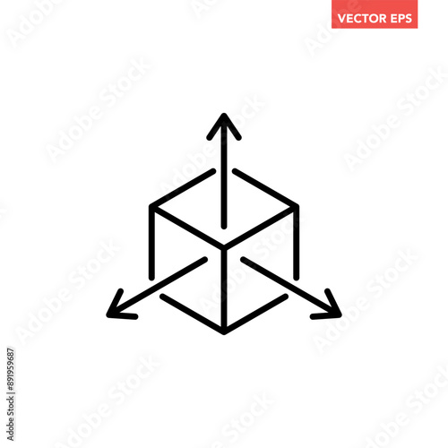 Black single isometric cube with axes line icon, simple tridimensional coordinate Spaces flat design pictogram vector for app ads web banner ui ux interface element isolated on white background