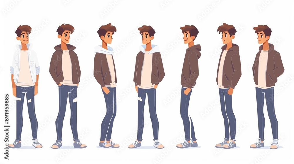 Obraz premium Illustration of animated male character wearing a brown jacket, white shirt, blue jeans, and sandals, depicted in various poses and angles, showcasing casual attire.