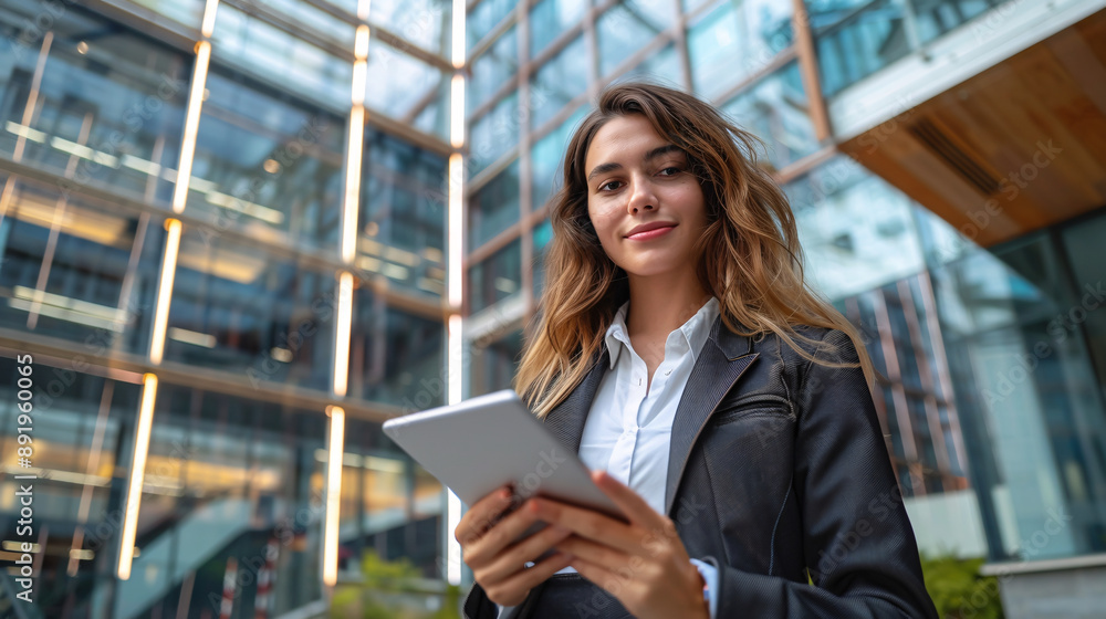 Portrait of a successful businesswoman using a digital tablet in front of a modern business building. Portrait of a successful businesswoman using a digital tablet in front of a modern business building.