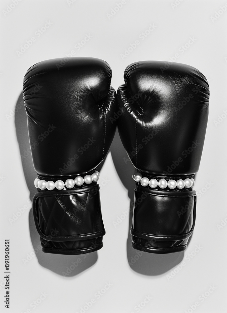 A magazine photography of black boxing gloves with pearls against a white background.Minimal creative fashion concept.Flat lay A magazine photography of black boxing gloves with pearls against a white background.Minimal creative fashion concept.Flat lay