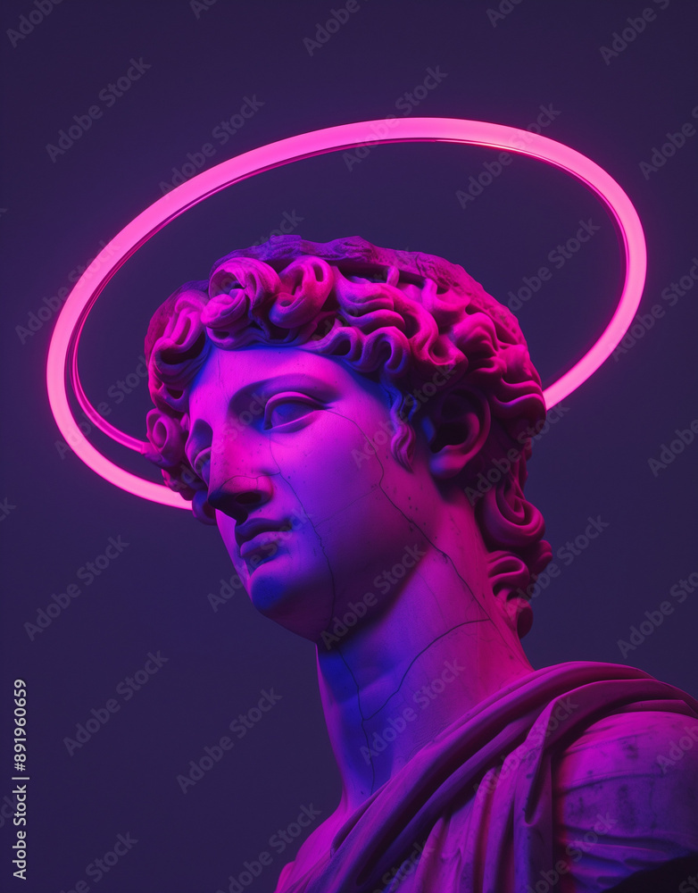 A purple and pink neon light ring encircles the head of an antique statue, set against a vaporwave aesthetic background with a purple and black color scheme.
A purple and pink neon light ring encircles the head of an antique statue, set against a vaporwave aesthetic background with a purple and black color scheme.