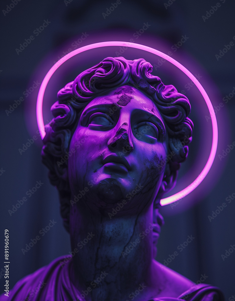 A purple and pink neon light ring encircles the head of an antique statue, set against a vaporwave aesthetic background with a purple and black color scheme.
A purple and pink neon light ring encircles the head of an antique statue, set against a vaporwave aesthetic background with a purple and black color scheme.