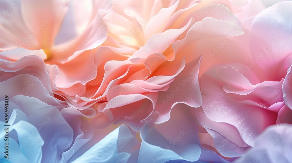 An abstract soft-focus image capturing the delicate folds of pastel flower petals in shades of pink and blue, offering an artistic representation of natural beauty. An abstract soft-focus image capturing the delicate folds of pastel flower petals in shades of pink and blue, offering an artistic representation of natural beauty.
