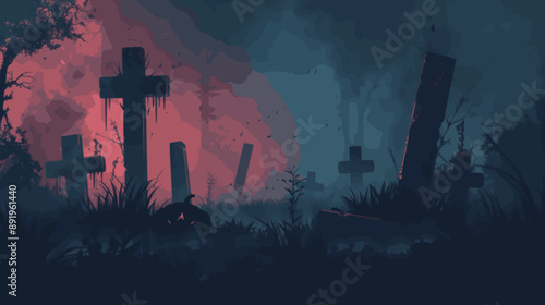 background with faded gravestones and a light mist effect, using minimalistic design and a dark gradient to evoke a mysterious and eerie Halloween graveyard. minimalistic vector. Illustrations