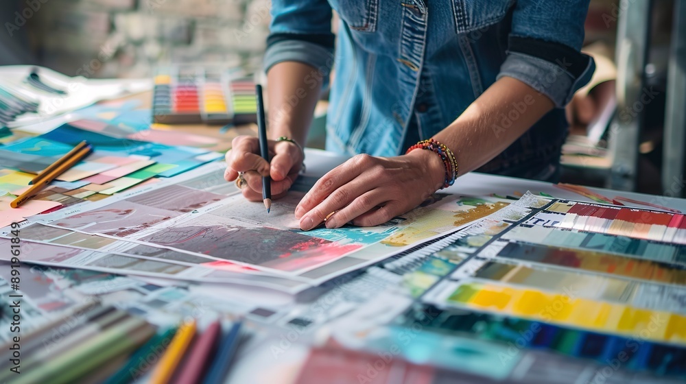 Obraz premium Designer analyzing color palettes and textures on architectural plans. Close-up photography. Design for interior planning, material selection, and construction strategy concept. 