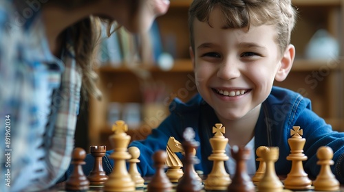 A captivating image of a mother and her child deep in concentration while playing a game of chess, highlighting themes of family bonding, strategic thinking, and shared moments.