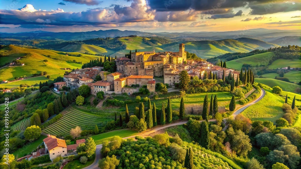 Naklejka premium Serene aerial view of hilltop Italian village surrounded by rolling green countryside and cypress trees in Tuscany region.
