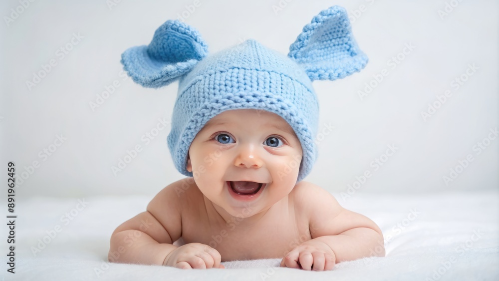 Adorable infant model wearing whimsical blue hat with endearing ears, against pristine white background, exudes pure joy and innocence. Adorable infant model wearing whimsical blue hat with endearing ears, against pristine white background, exudes pure joy and innocence.
