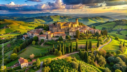 Serene aerial view of hilltop Italian village surrounded by rolling green countryside and cypress trees in Tuscany region. photo