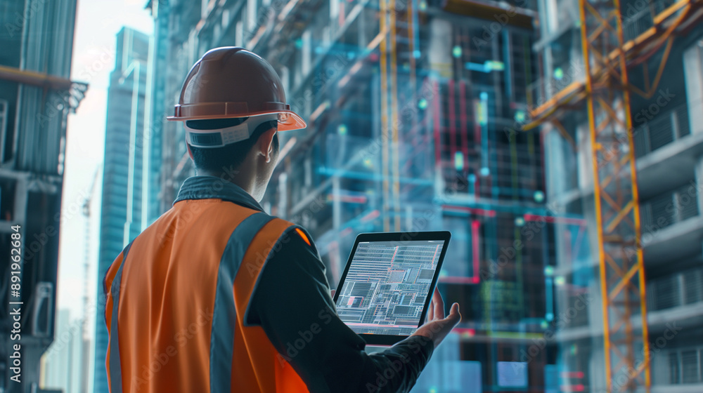 Engineer with a tablet inspecting the progress of a skyscraper construction site Engineer with a tablet inspecting the progress of a skyscraper construction site